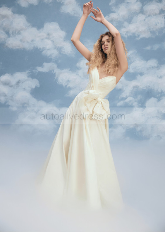 Ivory Pleated Taffeta Slit Unique Wedding Dress